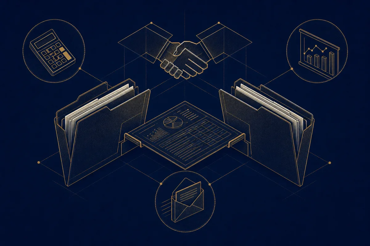 Gold technical illustration of a handshake over shared workpapers and document folders for the Advisor Collaboration lane.