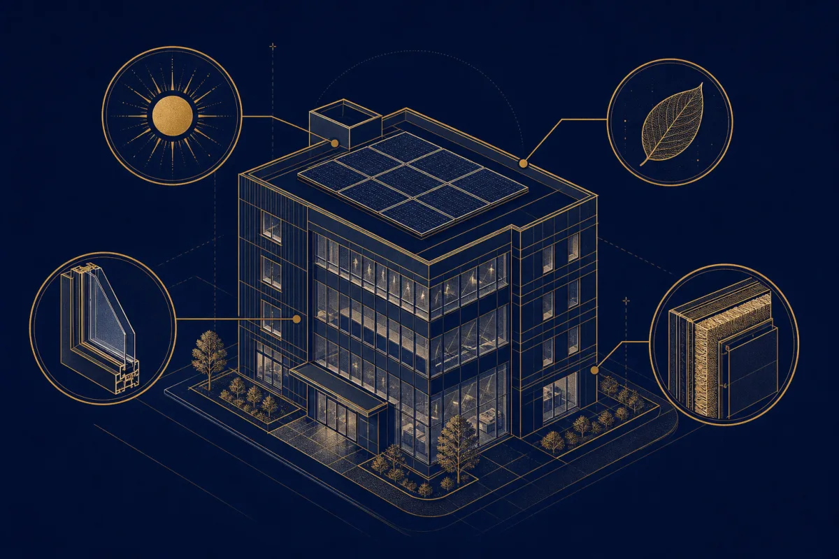 Gold technical illustration of an energy-efficient building with solar panels, sun, leaf, and insulation callouts for the Credits & Incentives planning lane.