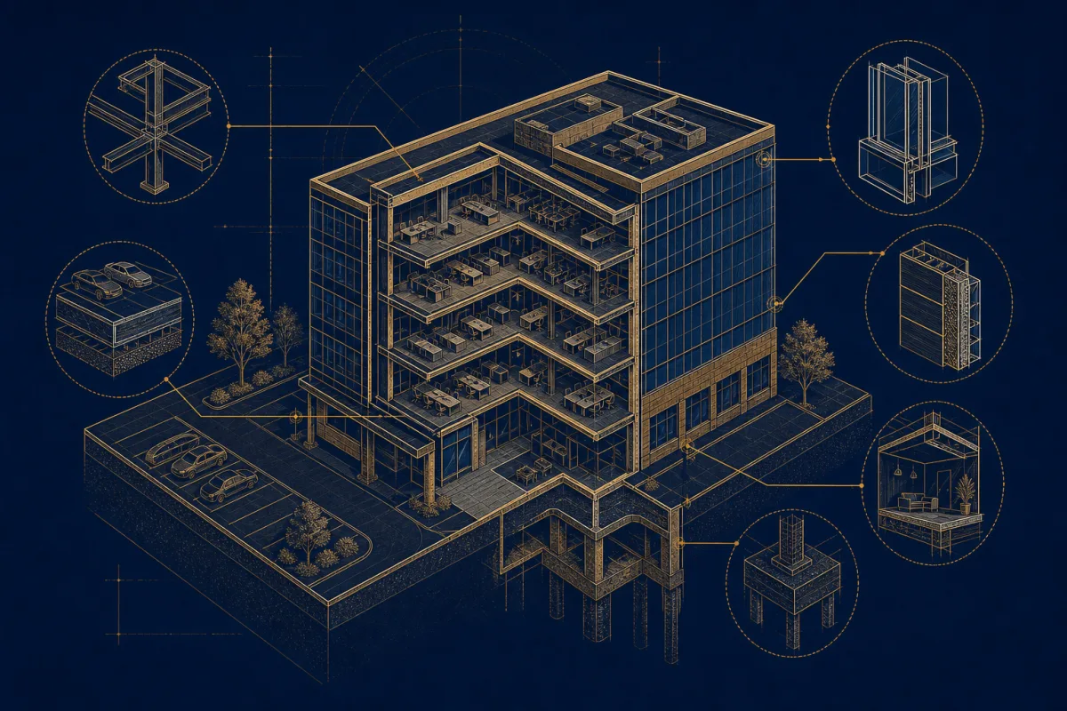 Gold technical illustration of a commercial building blueprint with component breakdown callouts for the Depreciation & Basis planning lane.