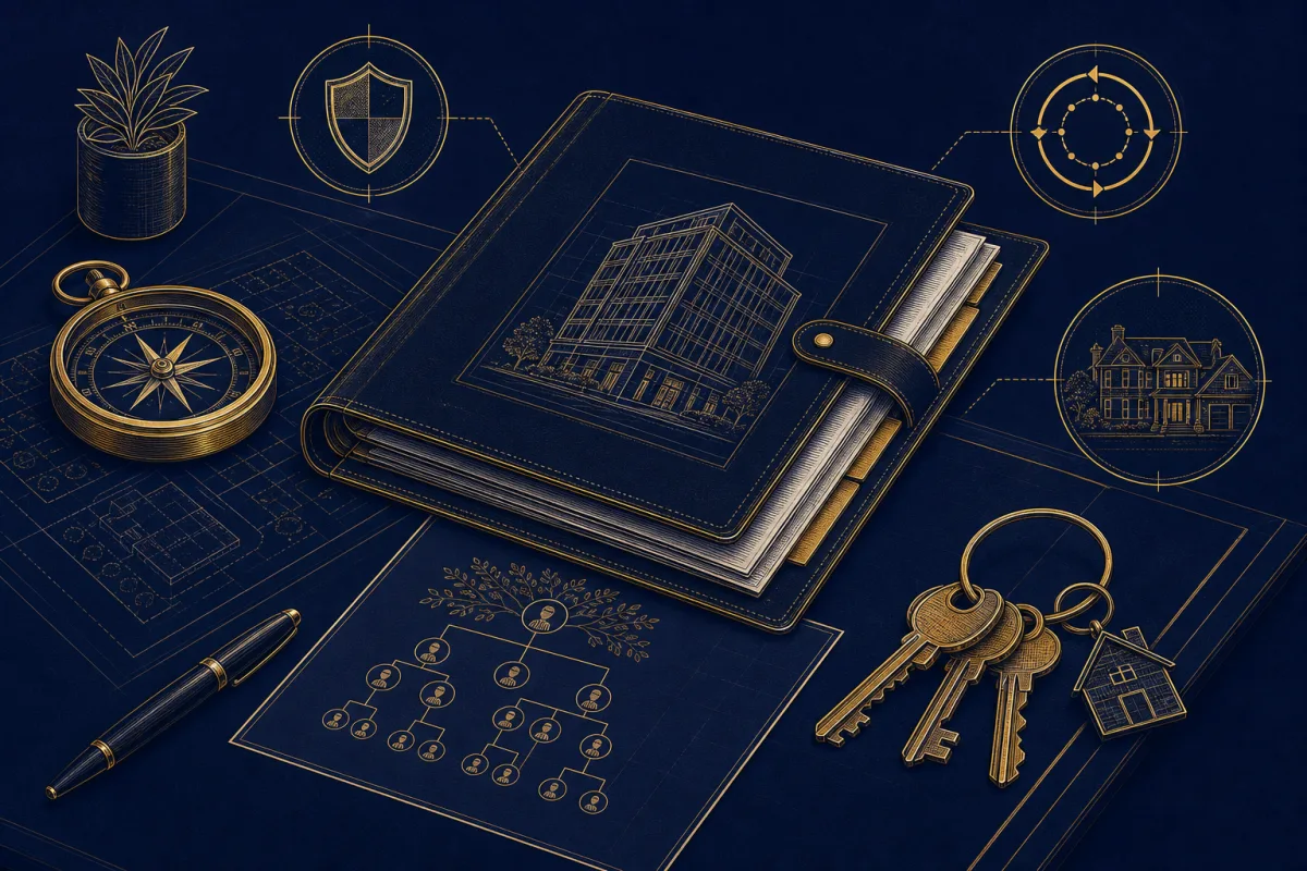 Gold technical illustration of a desk with a property portfolio, compass, family tree, and keys for the Portfolio Planning lane.