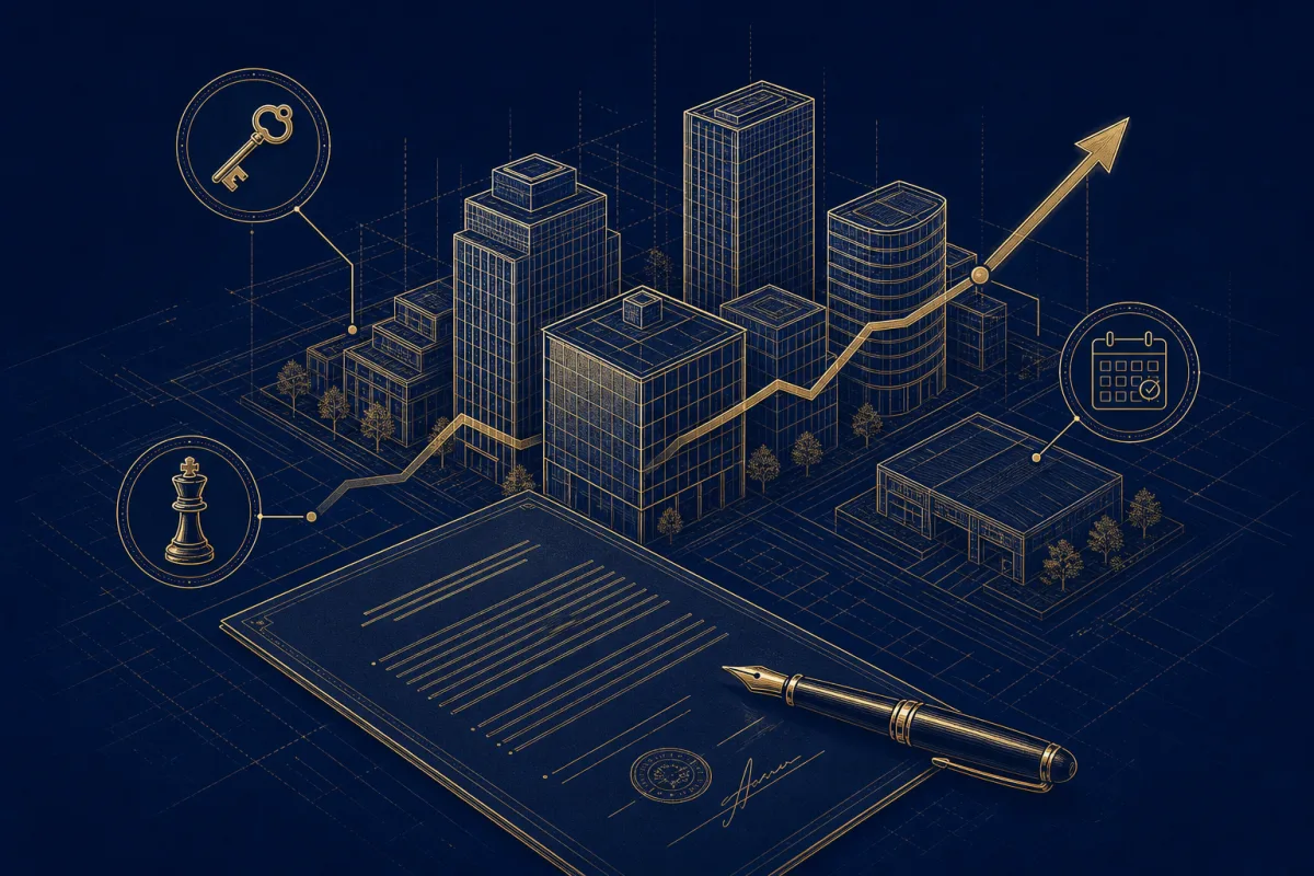 Gold technical illustration of a city skyline with a contract, fountain pen, and rising arrow for the Transaction Planning lane.