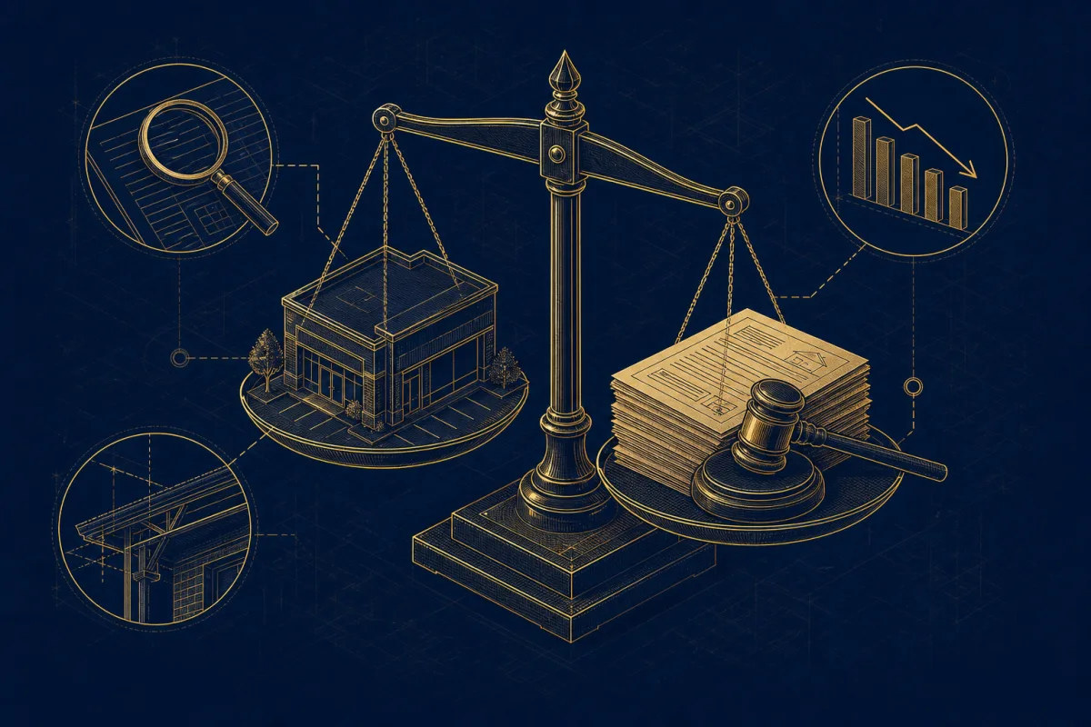 Gold technical illustration of a balance scale weighing a building against assessment documents for the Valuation & Appeals planning lane.