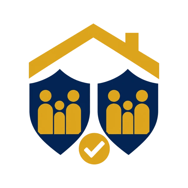 Paired family trust folders beneath a home roof with a review check