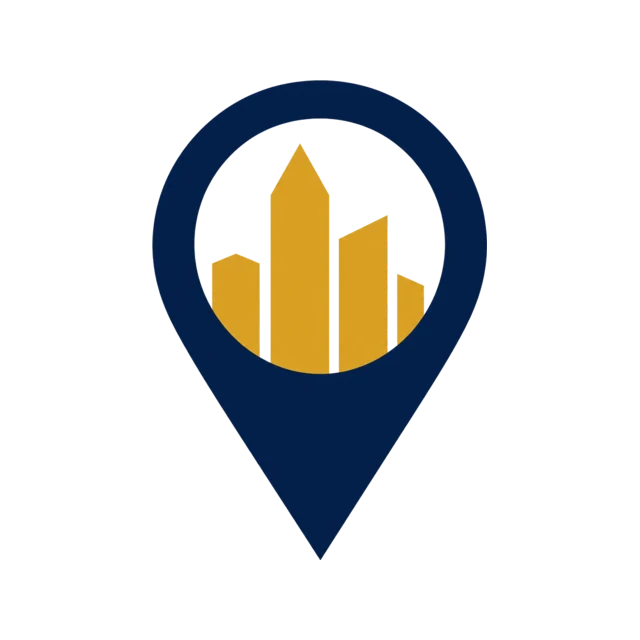 City skyline and path within a map pin for Opportunity Zone investments