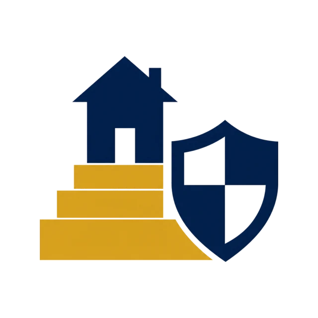 Home rising on steps beside a trust shield for step-up in basis planning